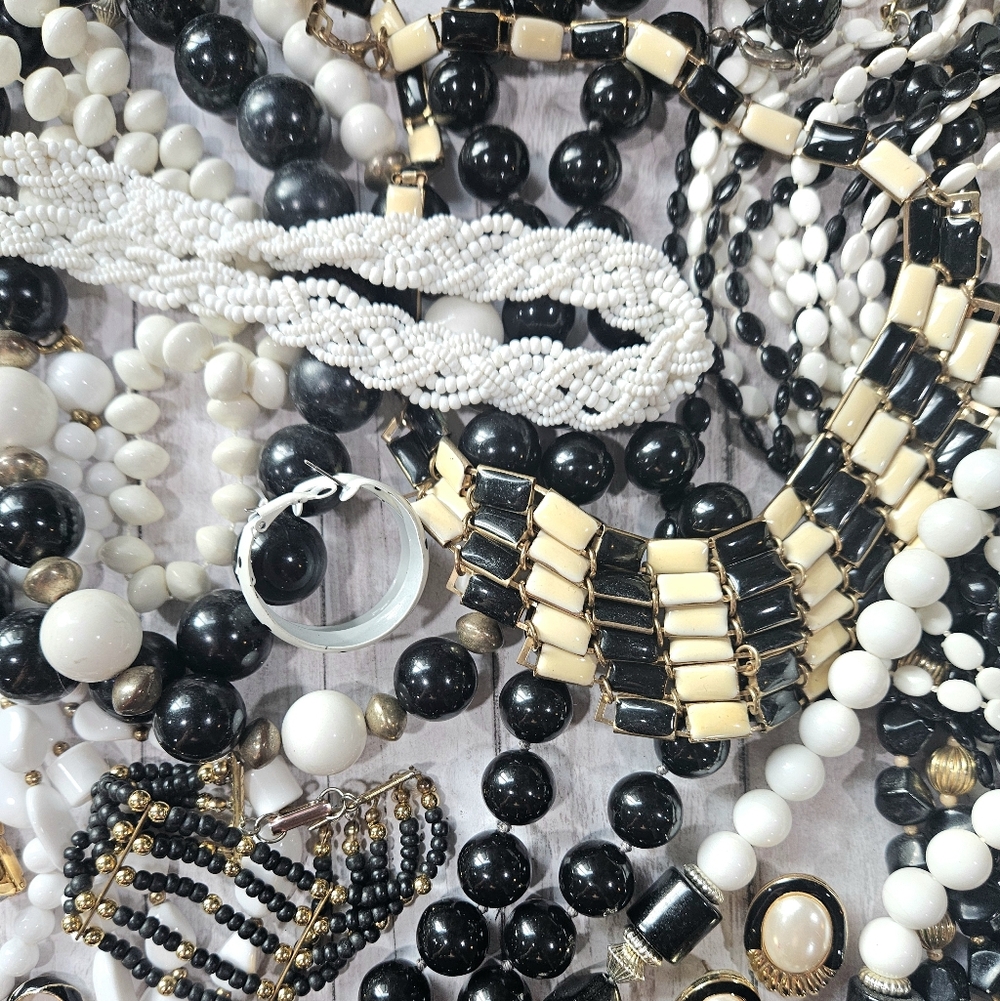 Vintage Black & White W Gold Jewelry Lot 17 Items 1950s To 80s Eras Retro